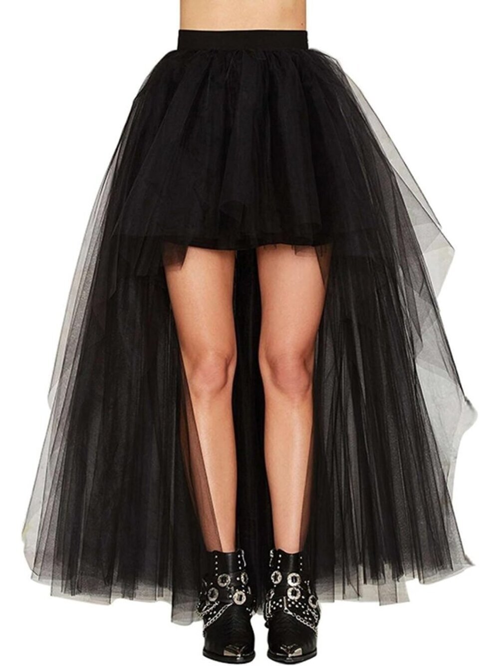 Women's Black Hi-Lo Long Tutu Tulle Bustle Elastic Imported Waist Skirt